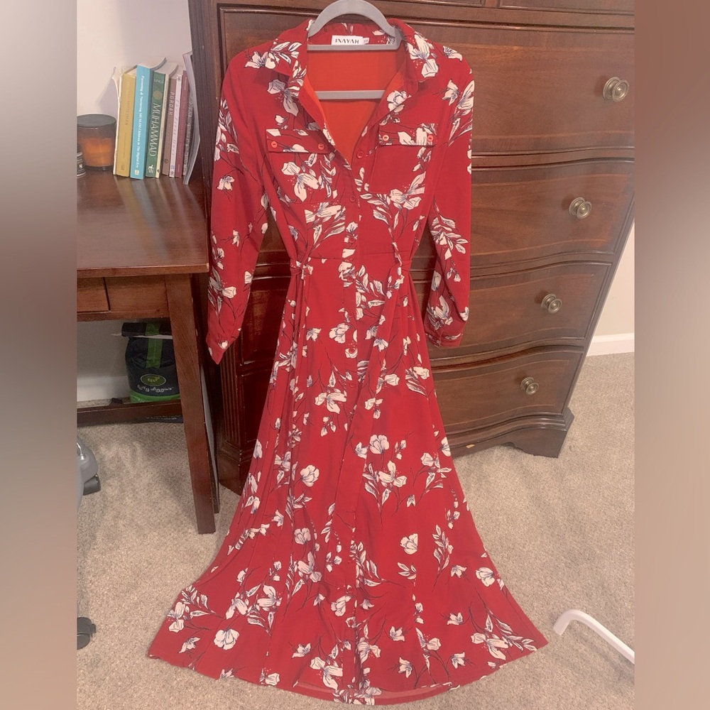 Inayah Red White Rust Floral Flower Maxi Dress Collar Button Shirtdress Belt XS